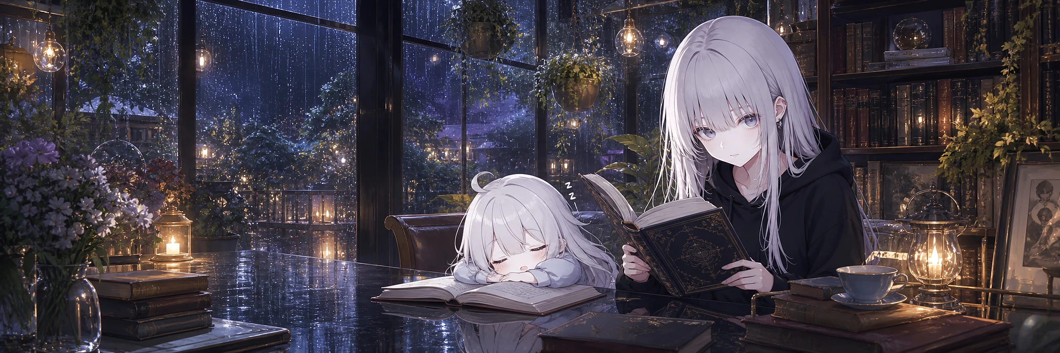 雨の夜の図書室で、本を読むあいきみと眠るちびあいきみ